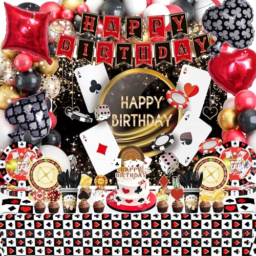 191 Pcs Casino Theme Party Decorations, Casino Birthday Party Supplies Include Banner, Poker Backdrop, Casino Balloons, Cake Topper, Tableware, Dessert Plate, Dinner Plate, Tablecover, Napkins, Cups