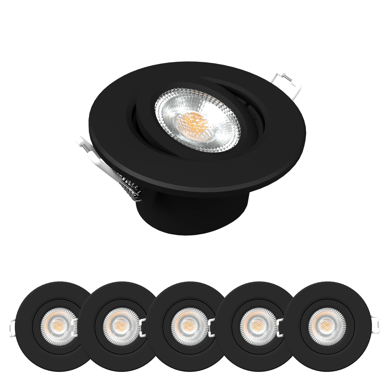 Paul Russells Black Led Recessed Tilt Downlights 4.8W 440Lm, Adjustable Warm/Cool/Day White Cct Ip44 Rated, Not Dimmable, Round Spotlights For Kitchen, Living & Bathroom, Hallways Ceilings 6-Packs (Black)