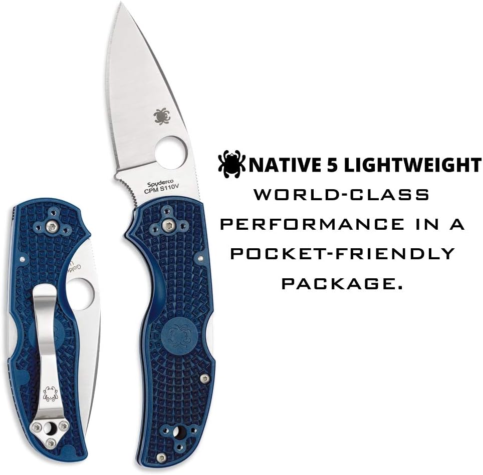 Spyderco Native 5 Lightweight Folding Knife with 2" CPM S110V Steel Blade and FRN Handle - EDC Knife for Men and Women, Perfect for Hunting, Tactical, Camping, Survival, Hiking - PlainEdge - C41PDBL5