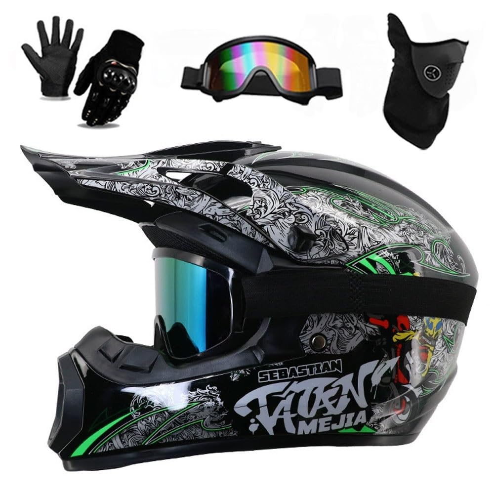 Jugend Erwachsene Elektro Dirt Bike Motorrad Helm Set für Jungen Mädchen Quad Bikes BMX MTB ATV Offroad Helm mit Schutzbrille Handschuhe Maske DOT Genehmigt(226 Green Motorcycle,XL(59-60CM))