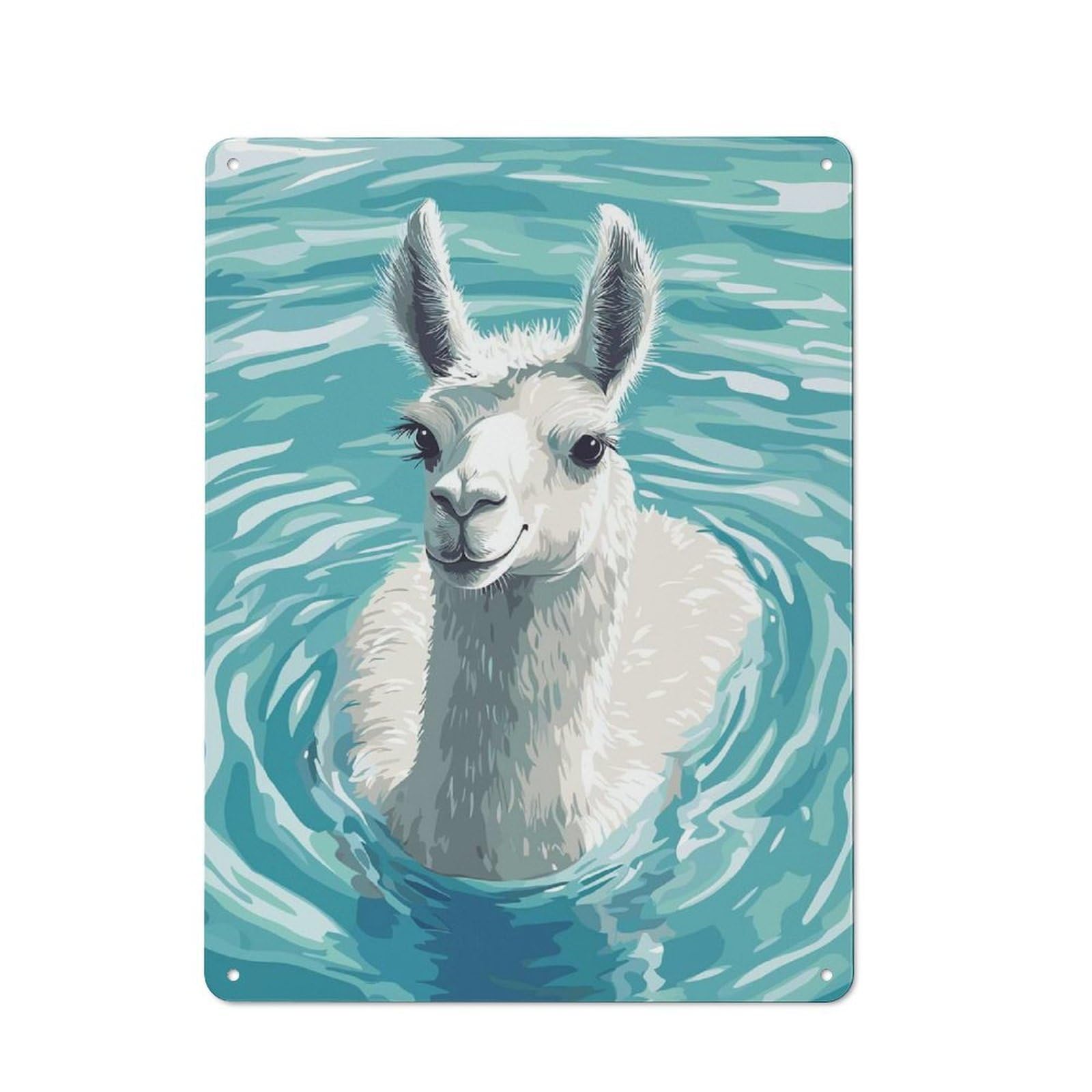 Junmoney Style-16 Llama Swimming In Blue Water Vintage Metal Plaque 40X30cm For Hobby Room Or Studio, Suited To Hobby Room Decor Fans