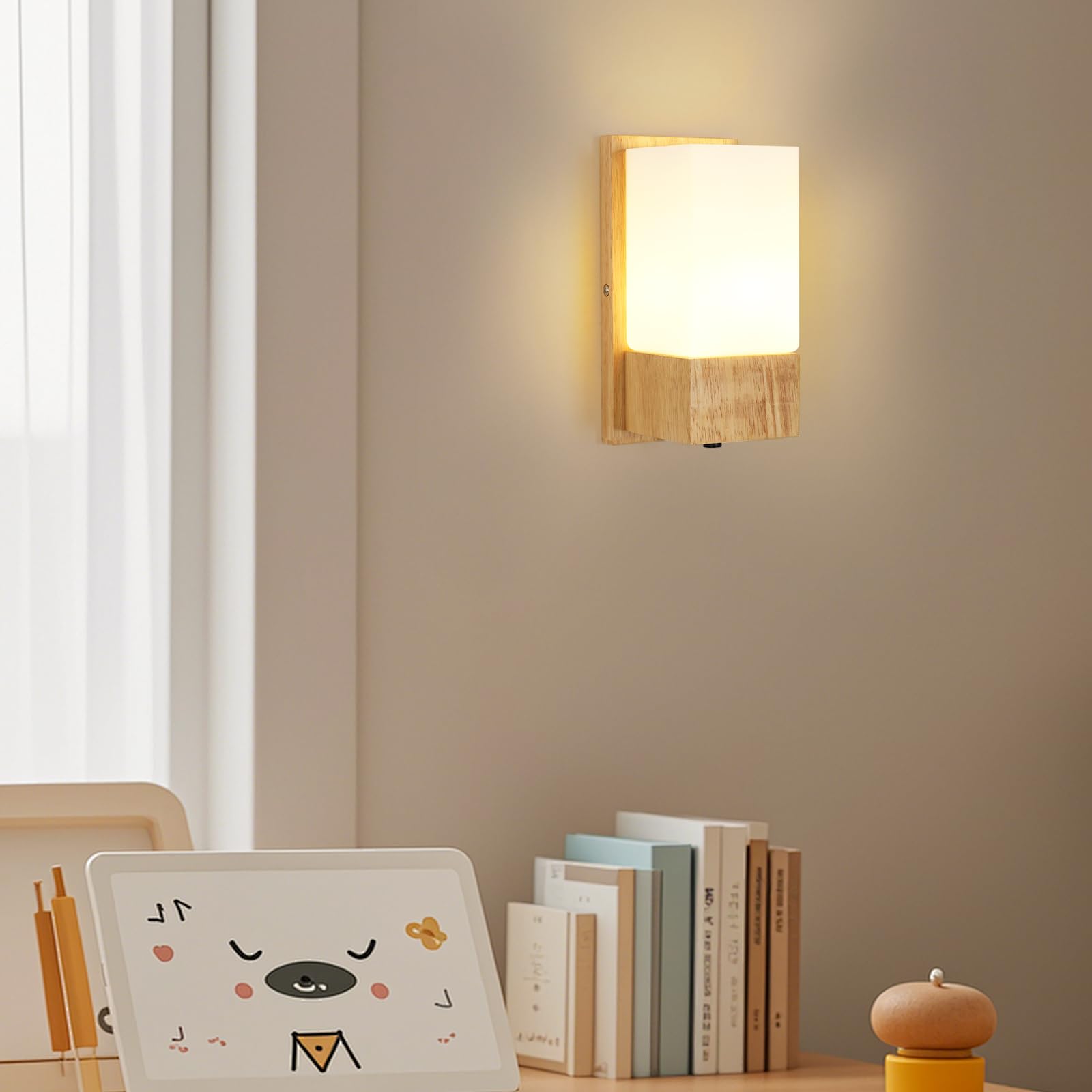 Comely Wandleuchte Innen Holz, Vintage E27 Wandlampe Innen mit Glas Lampenschirm, Wandstrahler Retro Wand Lampen für Schlafzimmer, Flur, Esszimmer, Wohnzimmer