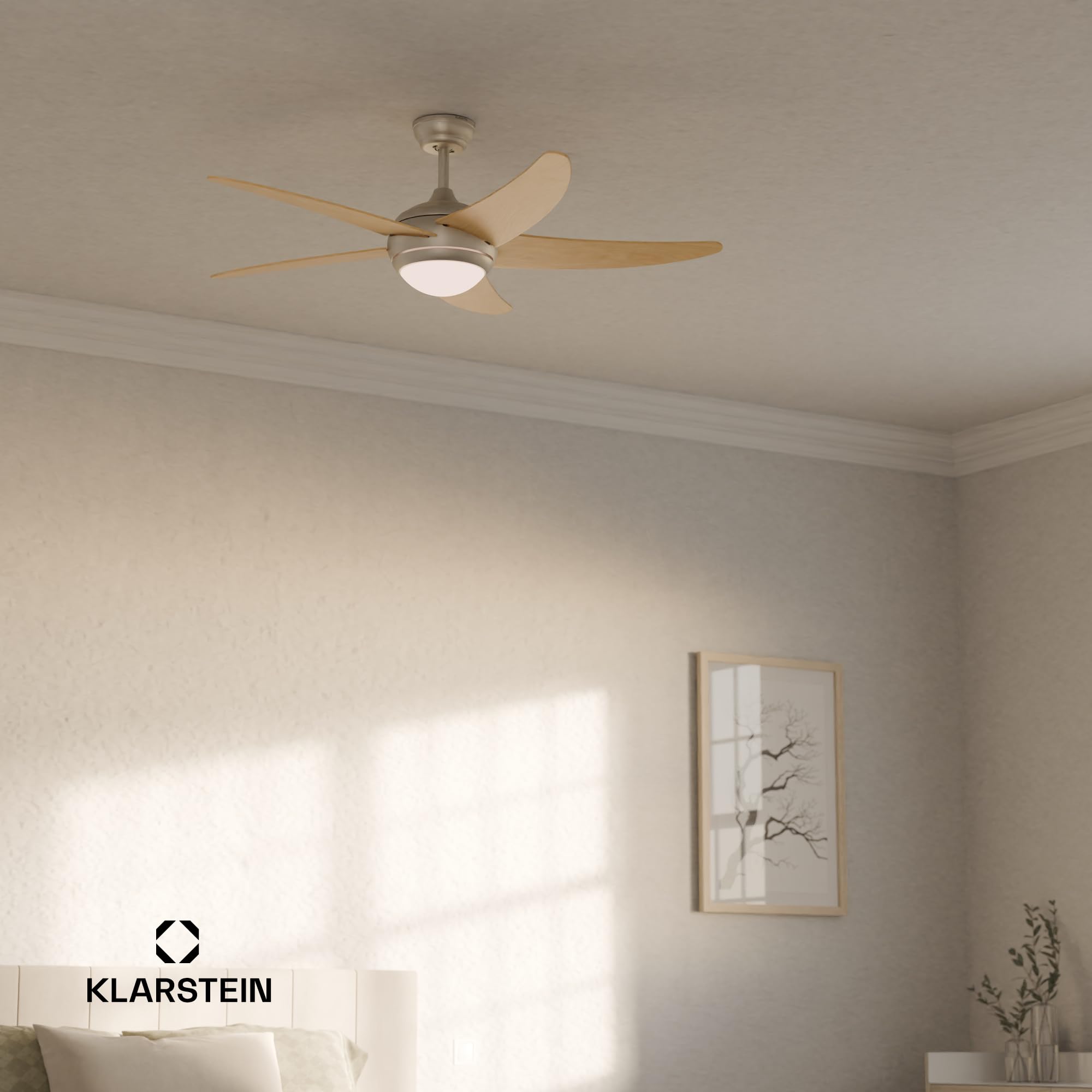 KLARSTEIN Bolero Ventilatore da Soffitto con Luce e Telecomando - 132cm, 6 Velocità, Modalità Estiva/Invernale, Silenzioso, Smart App, Design Elegante, Montaggio Flessibile, Acero