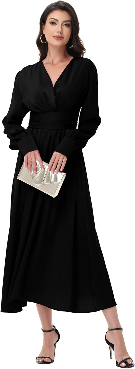 Chic Maxi Dresses for Women Pleated Silky Black Dress Modest Long Sleeve Sexy V-Neck Party Wedding Guest - Image 2