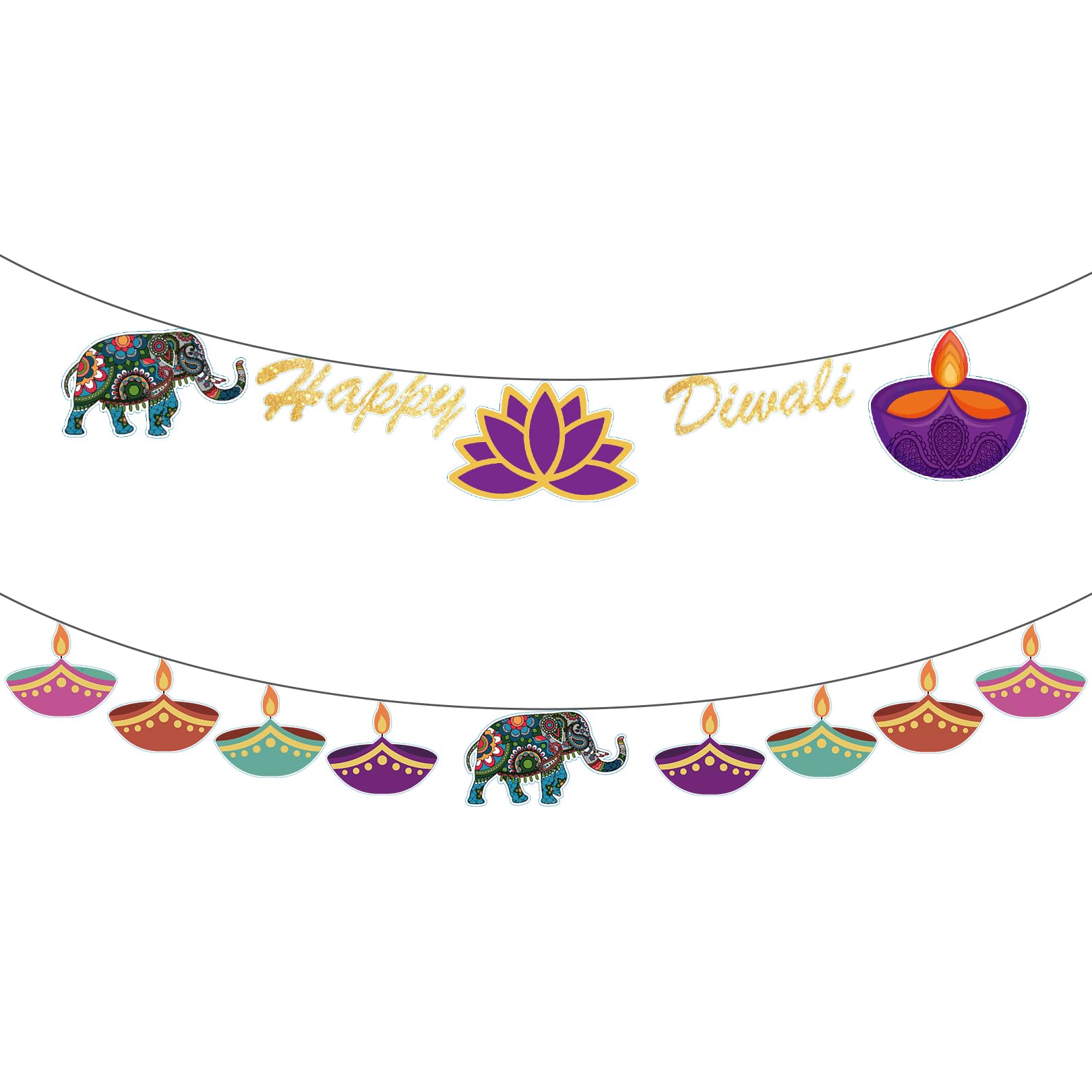 2 Pcs Happy Diwali Banner Hanging Diwali Decorations for House Indian Festival of Lights Party Supplies Diwali Diyas Elephants Lotus Bunting for Deepawali Party Indoor Outdoor Indian Theme Decor