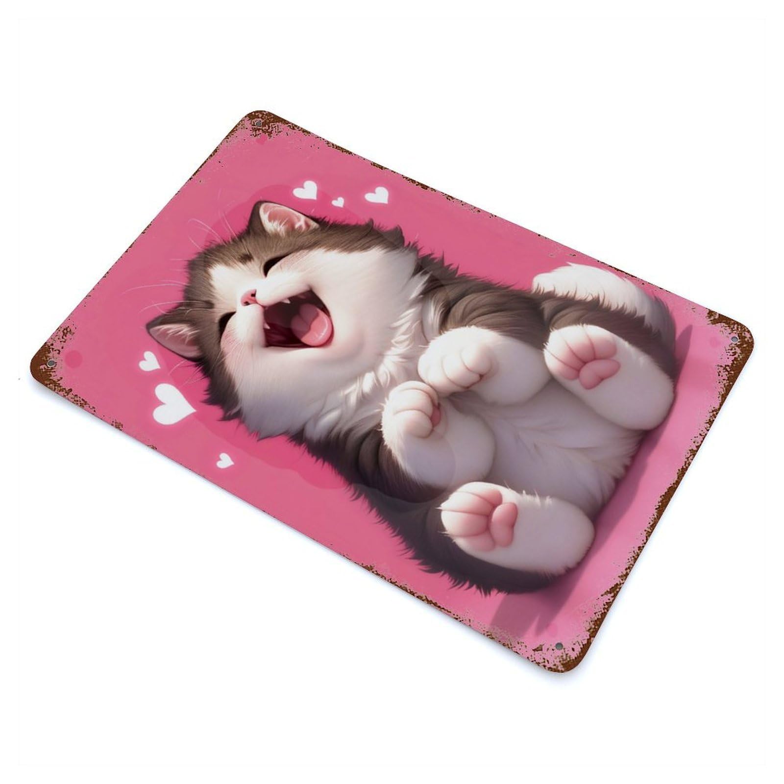 Cute Joyful Kitten 11.8"x7.9" Rust Effect Tin Sign, Rustic Home Decor for Office, Studio And Wall Decor