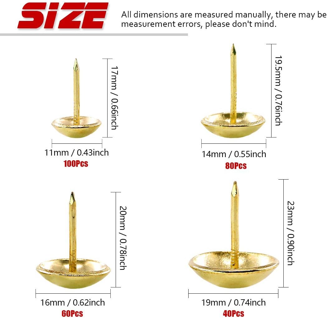 Hilitchi 280Pcs 4 Sizes Golden 7/16'' 9/16'' 5/8'' 3/4'' Upholstery Tacks for Furniture, Upholstery Furniture Nails Pins Assortment Kit for Sofa & headboards, Thumb Tack Push Pins