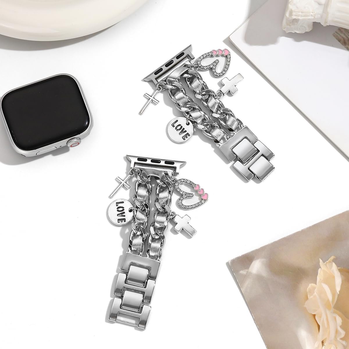 Silver Bracelet Band with Cute Charm Compatible for Apple Watch 38mm 40mm 41mm 42mm (S10) Women, Cuban Chain Strap for iWatch Series 10 9 8 7 6 5 4 3 2 SE - Image 9