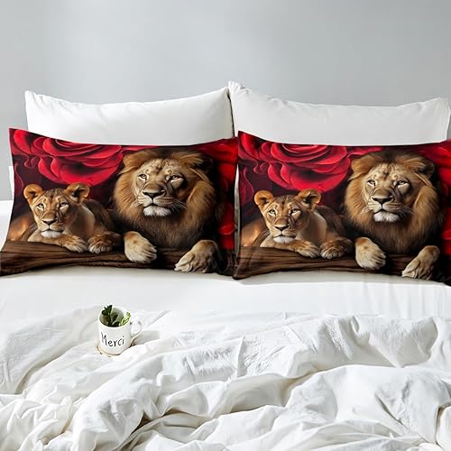 Miniatura 5 de Erosebridal Juego de funda de edredón de rosa de león, tamaño King, funda de edredón con estampado floral de animales, diseño de temática natural,