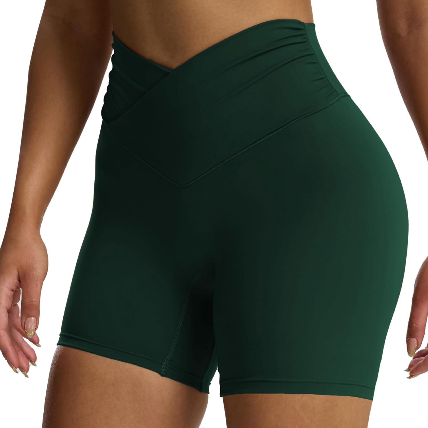 Aoxjox Venus Workout Biker Shorts for Women Cross-Waist Tummy Control High Waisted Hidden Scrunch Yoga Short 5"/6"/7"