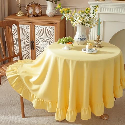 HAIRUO Cotton Linen Round Tablecloth Farmhouse Yellow Washable Tablecloth for Parties Coffee Kitchen Picnic Round Table Cloth (Yellow,Round, 47")