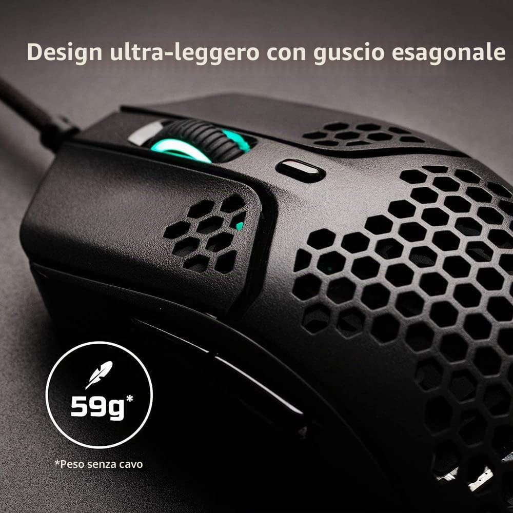 HyperX Pulsefire Haste, Mouse Gaming Cablato, Illuminazione RGB, 6 Tasti Programmabili, 16000 DPI, Resistenza fino a 60 Milioni di Clic, Cavo HyperFlex, Compatibile con Diverse Piattaforme, Nero/Rosso