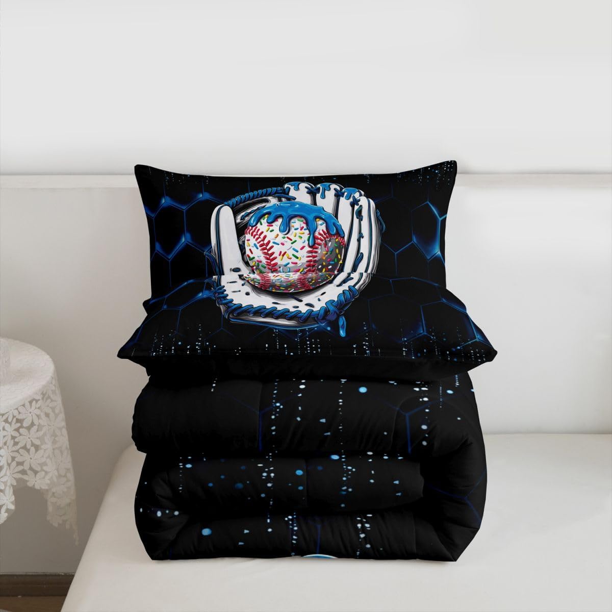 Manfei Baseball Ice Cream Comforter Set Queen Size,Blue Gloves Geometric Honeycomb Bedding Set 3pcs,Sports Theme Down Comforter for All Season,Kids Boys Girls Room Decor,2 Pillowcases,No Sheets