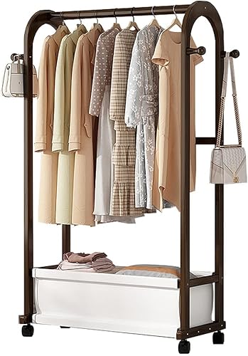 Miniatura 9 de Riel de ropa resistente con ruedas y cubierta contra el polvo, perchero de bambú con estantes, para dormitorio y hogar (blanco 27.6 x 12.6 x 65.0in)