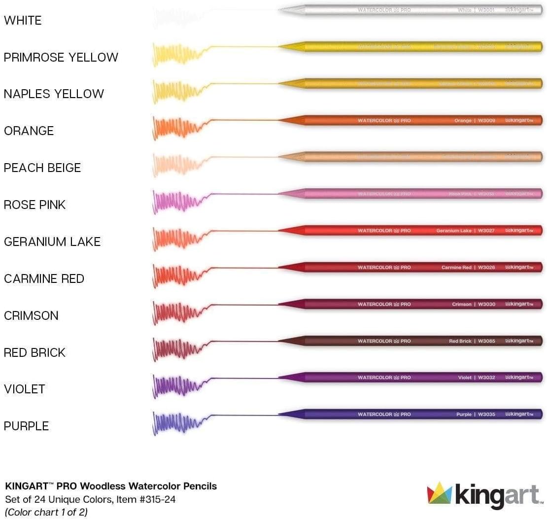 KINGART 315-24 Pro Artist Quality 24 Ct. Woodless Watercolor Pencil Set, 24 Soft Core, Pre-Sharpened Crayon Style Art Pencils, Use Wet or Dry, Professional to Beginner
