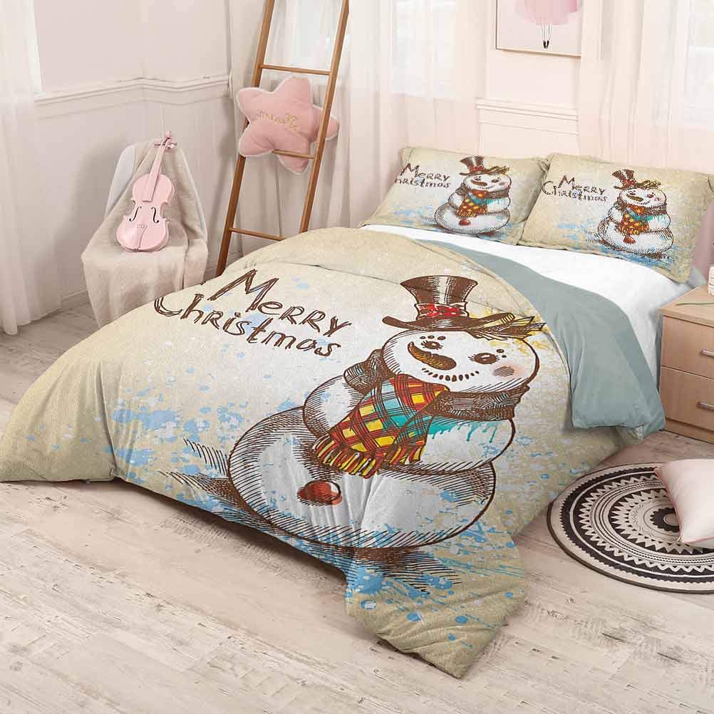 prunushome Snowman Quilt Cover PillowcaseArtistic Snowman with Winter Accessories Color Splashes Happy Xmas Sketchy Lightweight Cream Brown Blue 80x90in/20x30inx2