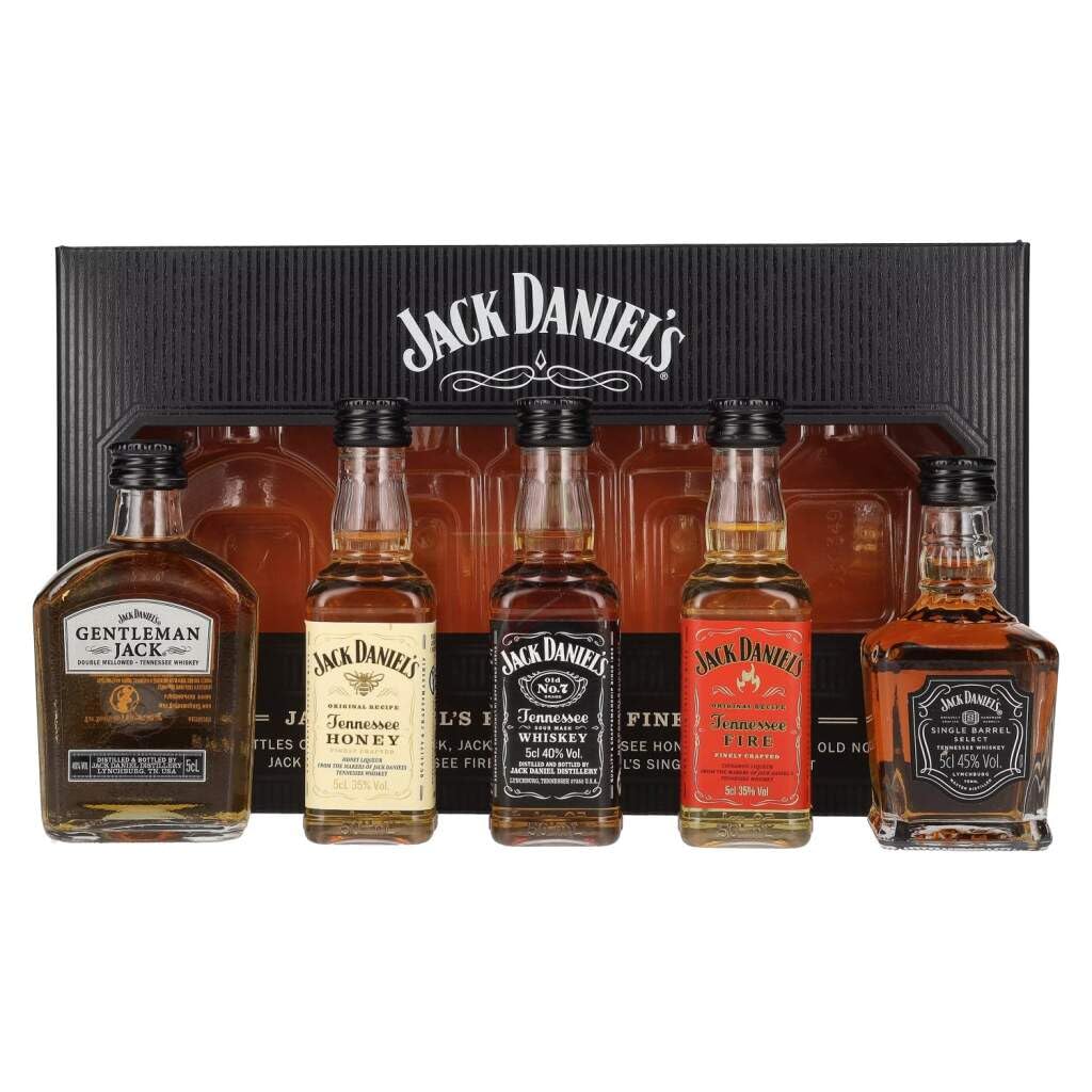 Jack Daniel's Tennessee Whiskey Pack 5 Botellas Miniaturas, Caja Para Regalar, 5 x 50 ml