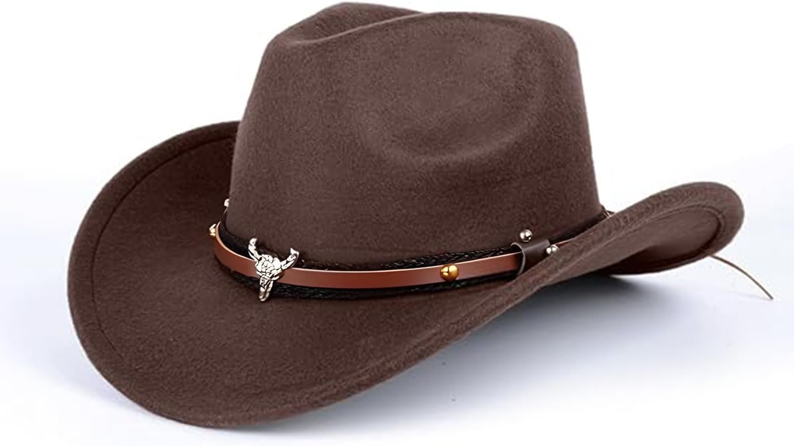 Cowboy Hat for Women and Men, Faux Fur Felt Cowgirl Hats Hats Outdoor Wide Brim Rodeo Hat with Strap, Brown