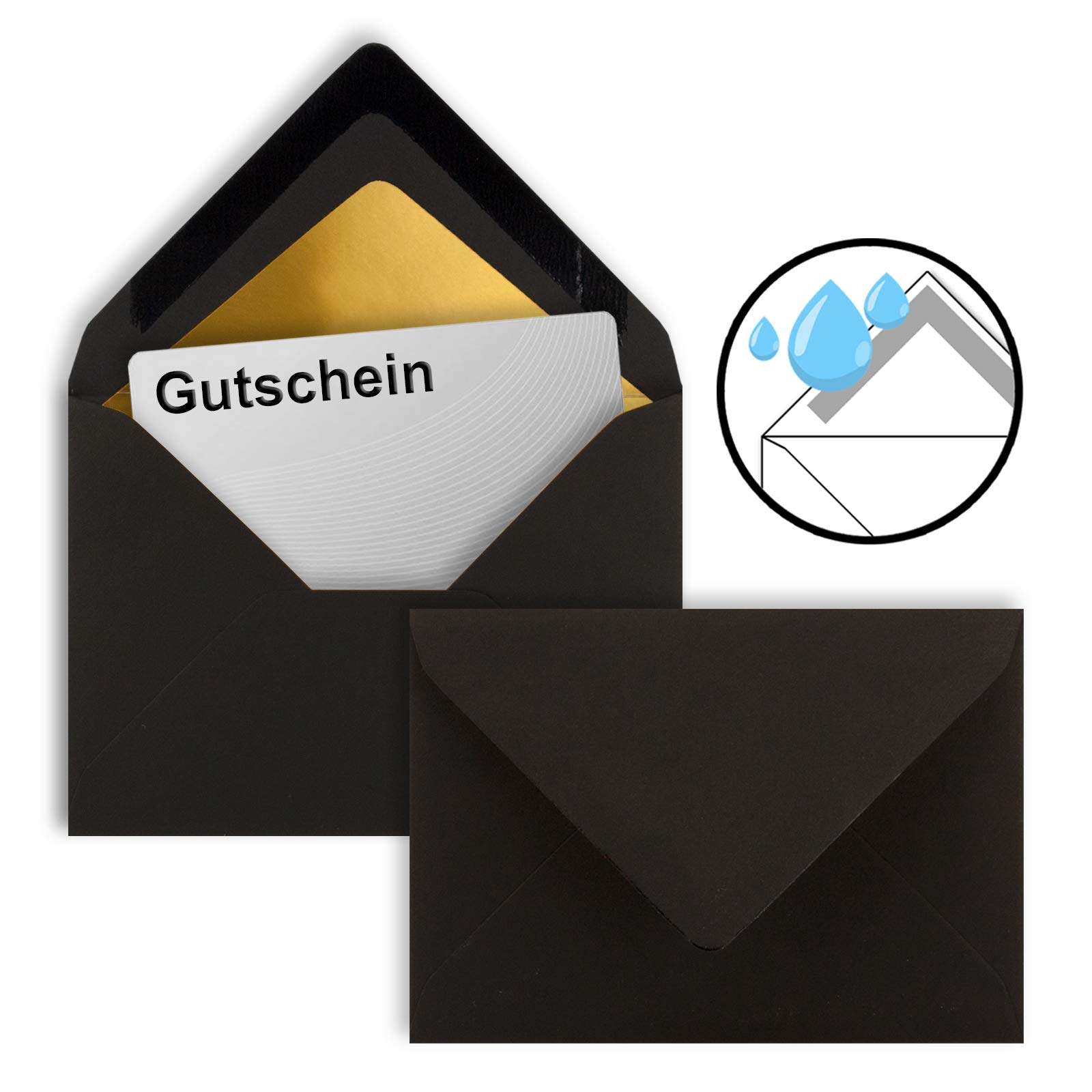 200x kleine Mini-Umschläge in Schwarz mit Goldfutter - DIN C7-8,1 x 11,4 cm - Nassklebung - 120g/m² - kleine Briefumschläge für Gutscheine, Geldgeschenke