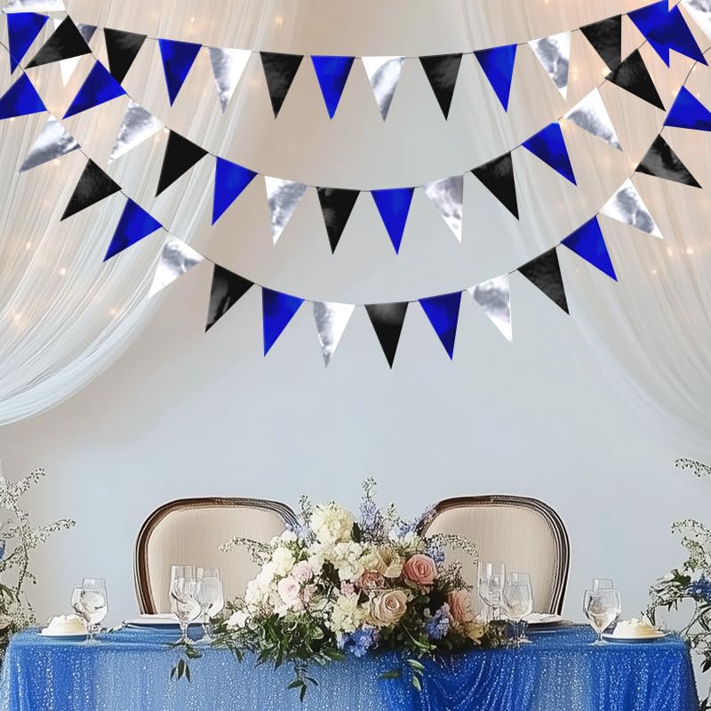 Image of Blue Black Silver Hanging Triangle Flag Pennant Garland Blue Black Silver Hanging Paper Pennant Streamer Paper Triangle Flag Banner for Graduation Birthday Party Decorations 30 Feet