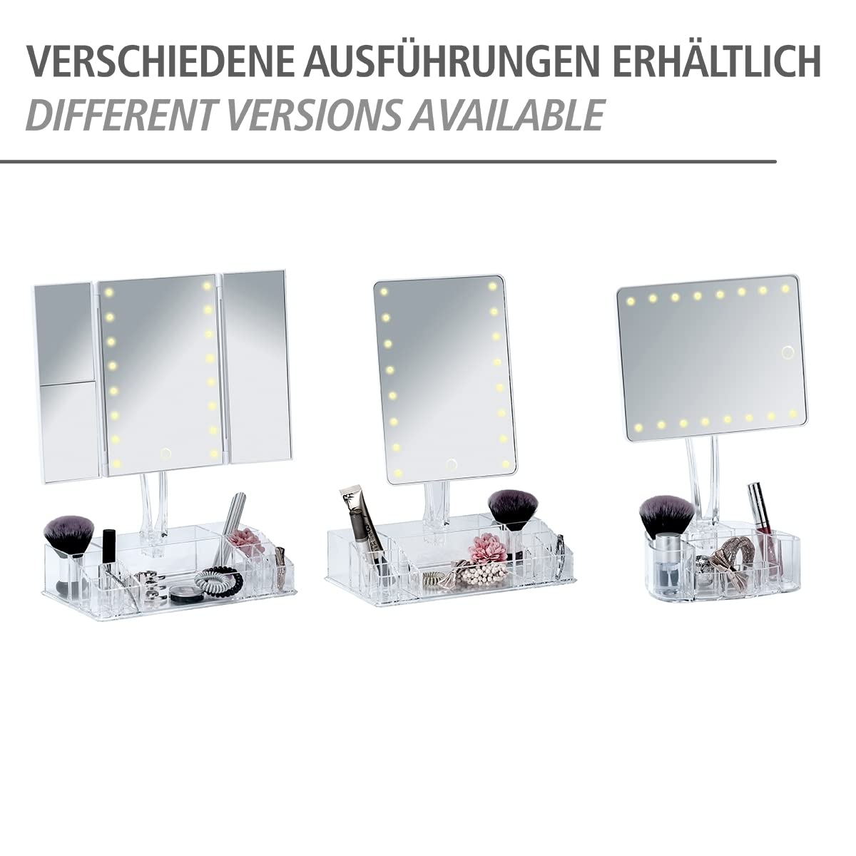 WENKO Trenno lustro stojące z organizerem LED, lusterko kosmetyczne z oświetleniem LED, obrotowe, funkcja dotykowa, funkcja ściemniania jasności, zasilanie bateryjne, 17 x 36 x 12,5 cm