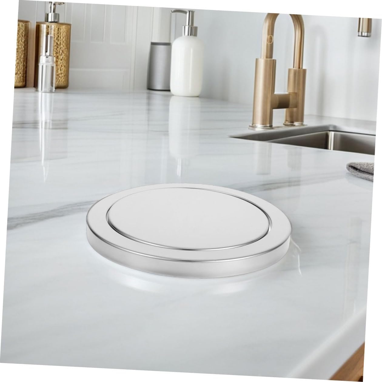 2pcs Stainless Steel Embedded Countertop Trash Can Lid with Swing Flap Cover, round 21.5-24cm Opening Garbage Bin Cover for Kitchen Bathroom Home Use