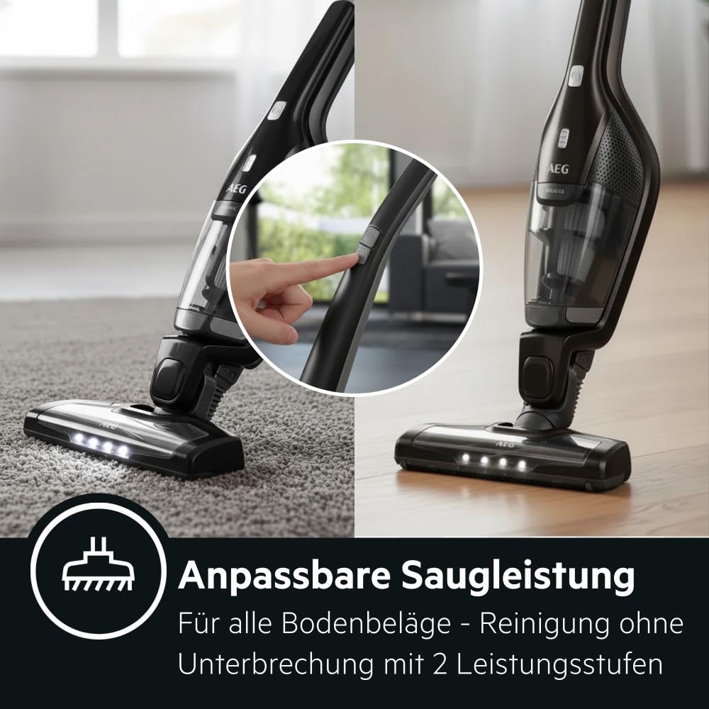 AEG Serie 3000 Ergorapido CX7-2-45MÖ 2in1 Akku Staubsauger, 50% Recyclingmaterial, beutellos, bis zu 45 min Laufzeit, freistehend, wendig, Bürstenreinigungsfunktion, LED, 0.5L, schwarz