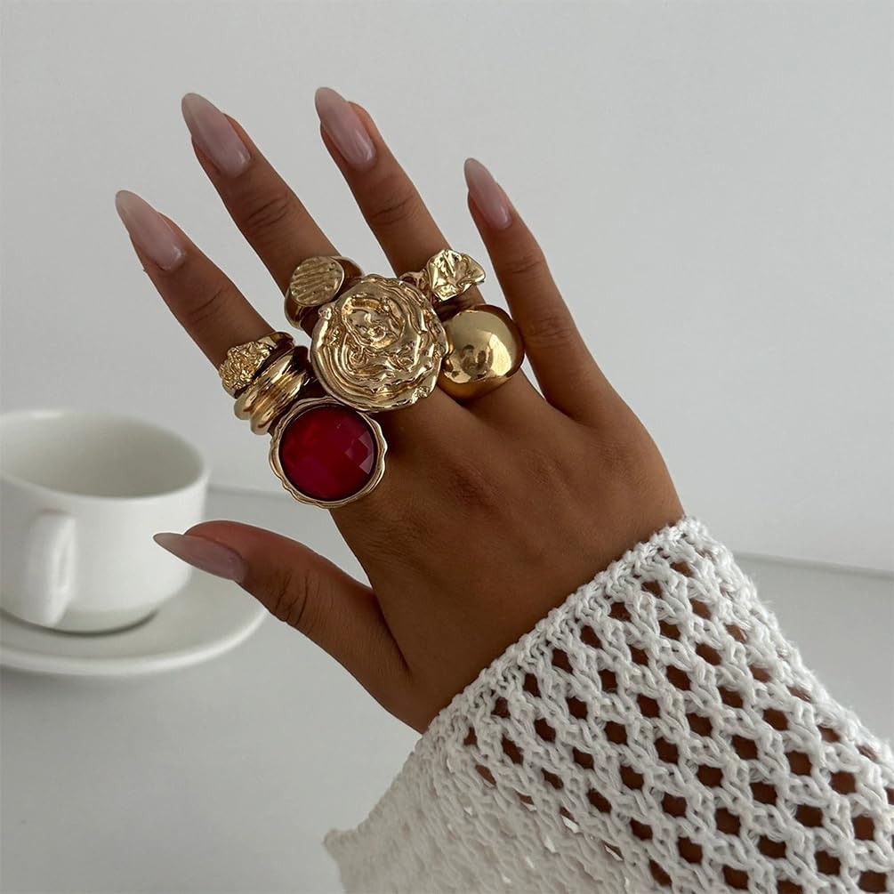 Chunky Gold Hammered Dome Knuckle Rings Set Stackable for Women Statement Red Crystal Thick Silver Ring Stacking Vintage Prom Party Jewelry Accessories - Image 8