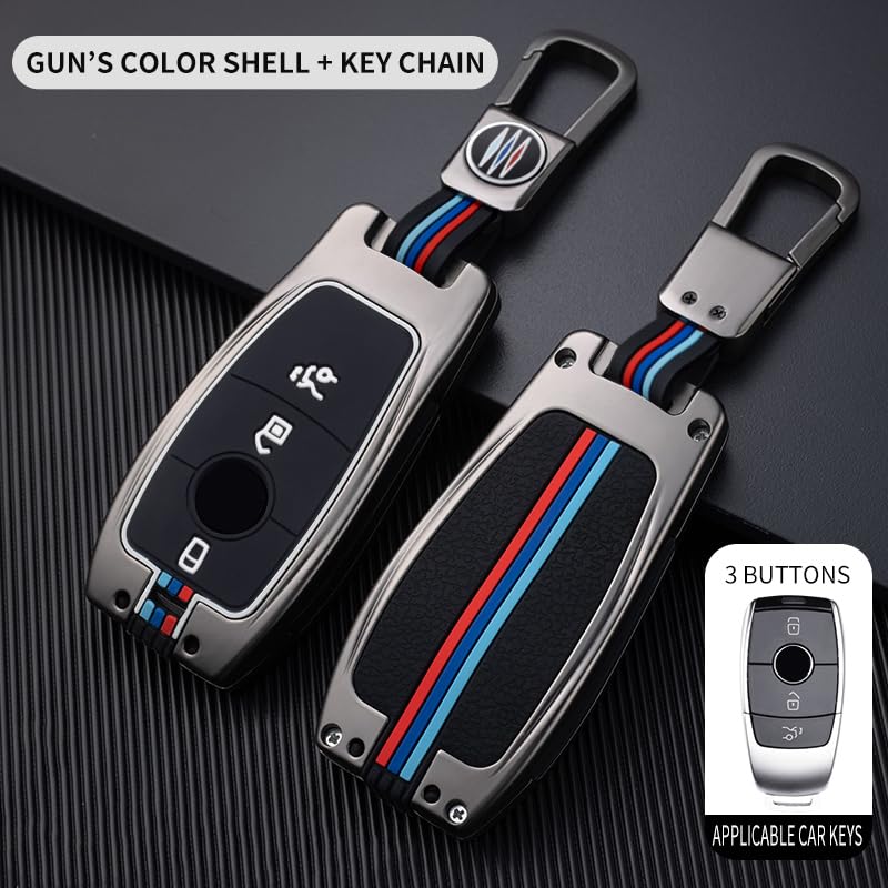 Image of KMH Metal Car Key Cover Compatible with Mercedes Benz AMG W205 E320L C200 C180 C260 C300 Series Model Smart keycover with Keychain 3 Button Key Shell Case Holder Protector (Metallic) Pack of 1