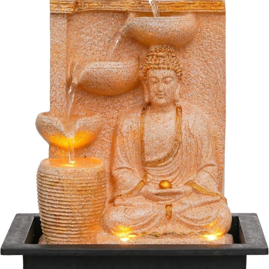 Buddha Waterfall Fountain with LED Lights, 41 cm | 3-Tier Cascading Flow, Warm LED Lighting, Resin Stone Finish, Indoor Home Decor, Meditation Ambience-image-36