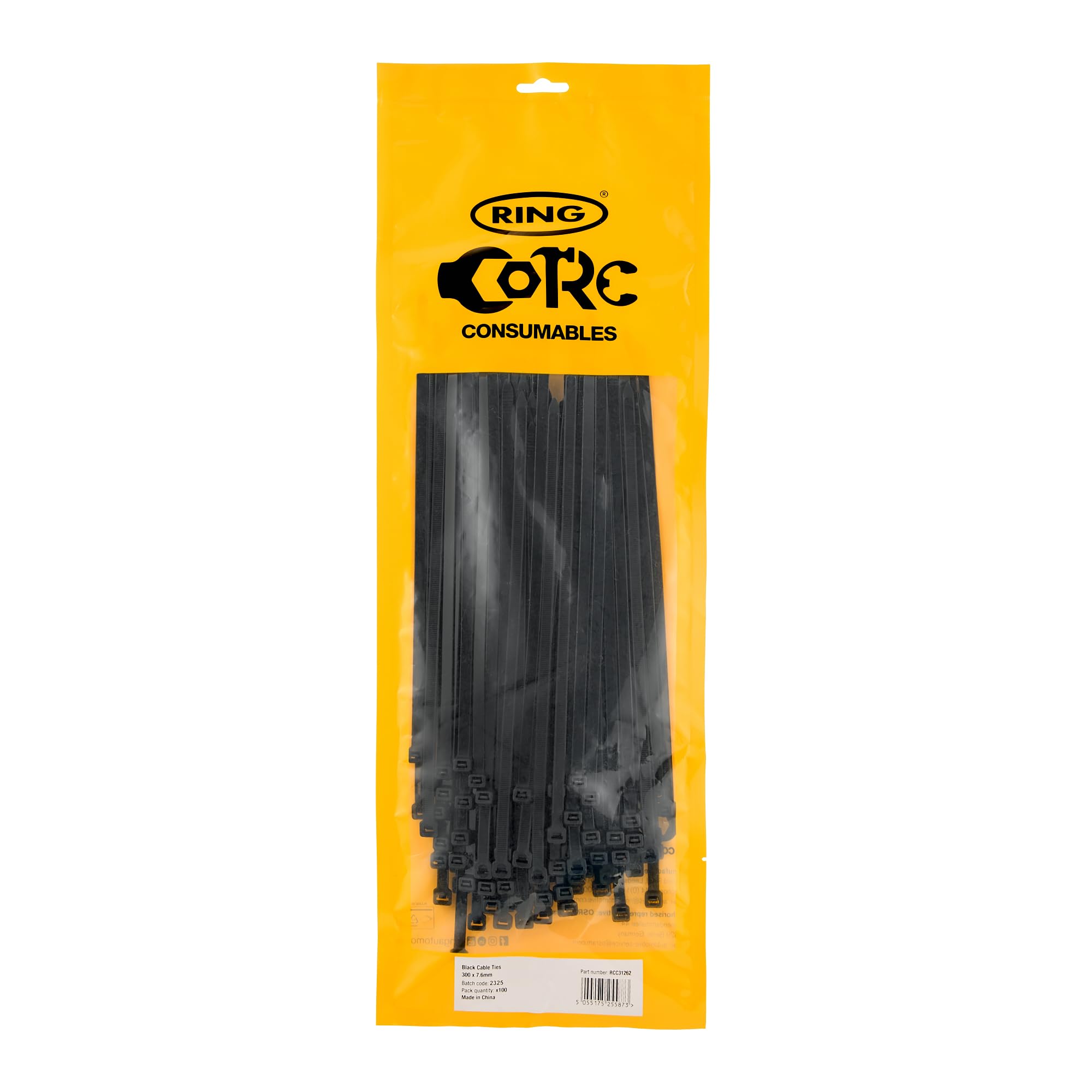 RING Black Cable Ties, 300 x 7.6 mm (100 Pcs) General Purpose, Supplied in a Re-Sealable Pack