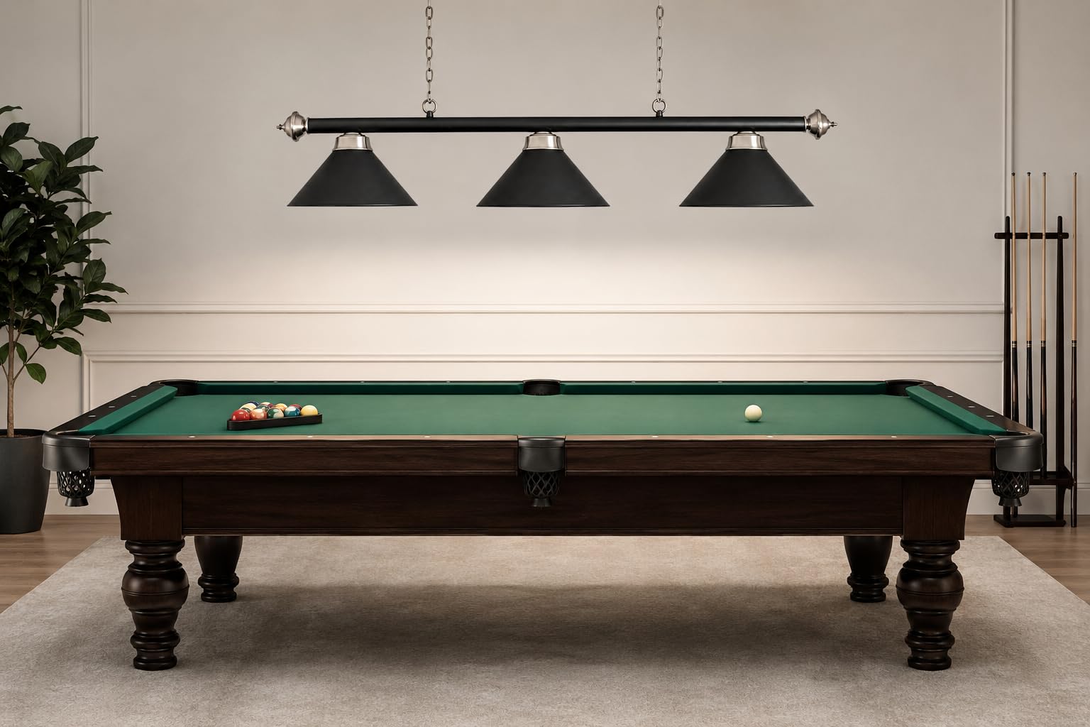 John West Billardlampe 3 Schirme Mattschwarz 150 cm | Leuchte für 7ft & 8ft Billardtische, E27, Metall, Schwarz, Stahldetails