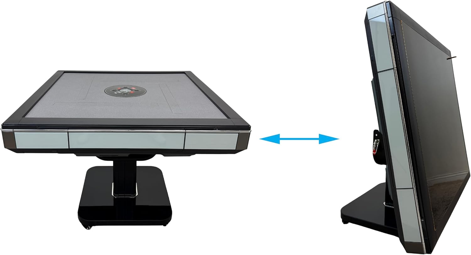 USA MJ Table Skyline Elite 30 Premium Automatic Mahjong Table American Mah Jong Edition 30mm Tiles, Black Glass Cover, Light Blue Glass Frame, Folding Design with Wooden Racks & Pushers