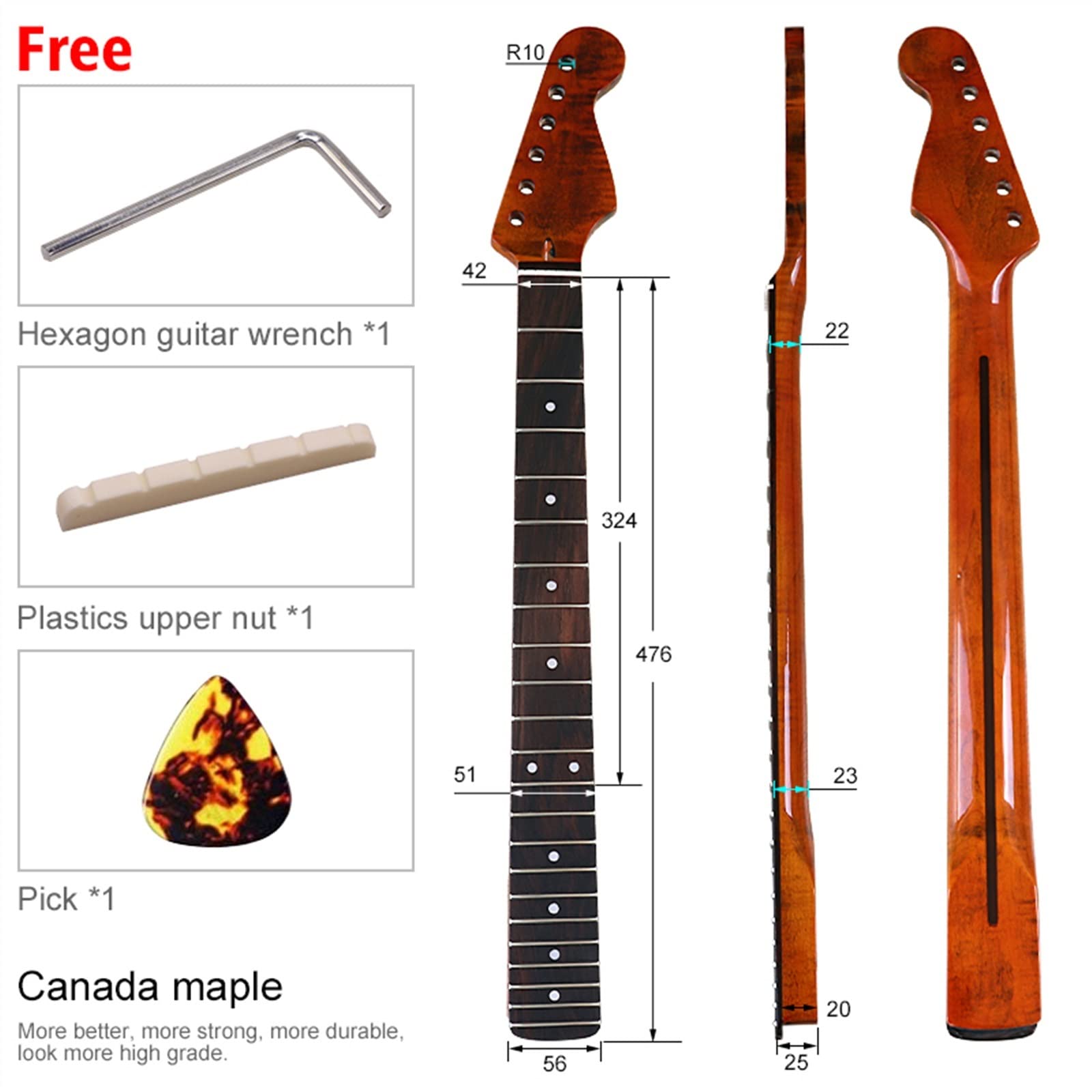 BYBIO Per Manico Per Chitarra For ST Collo Per Chitarra Elettrica In Legno Di Acero Fiammato Canadese Collo 21F 22F Per Chitarra Elettrica manico di chitarra incompiuto (Color : M20 High Gloss