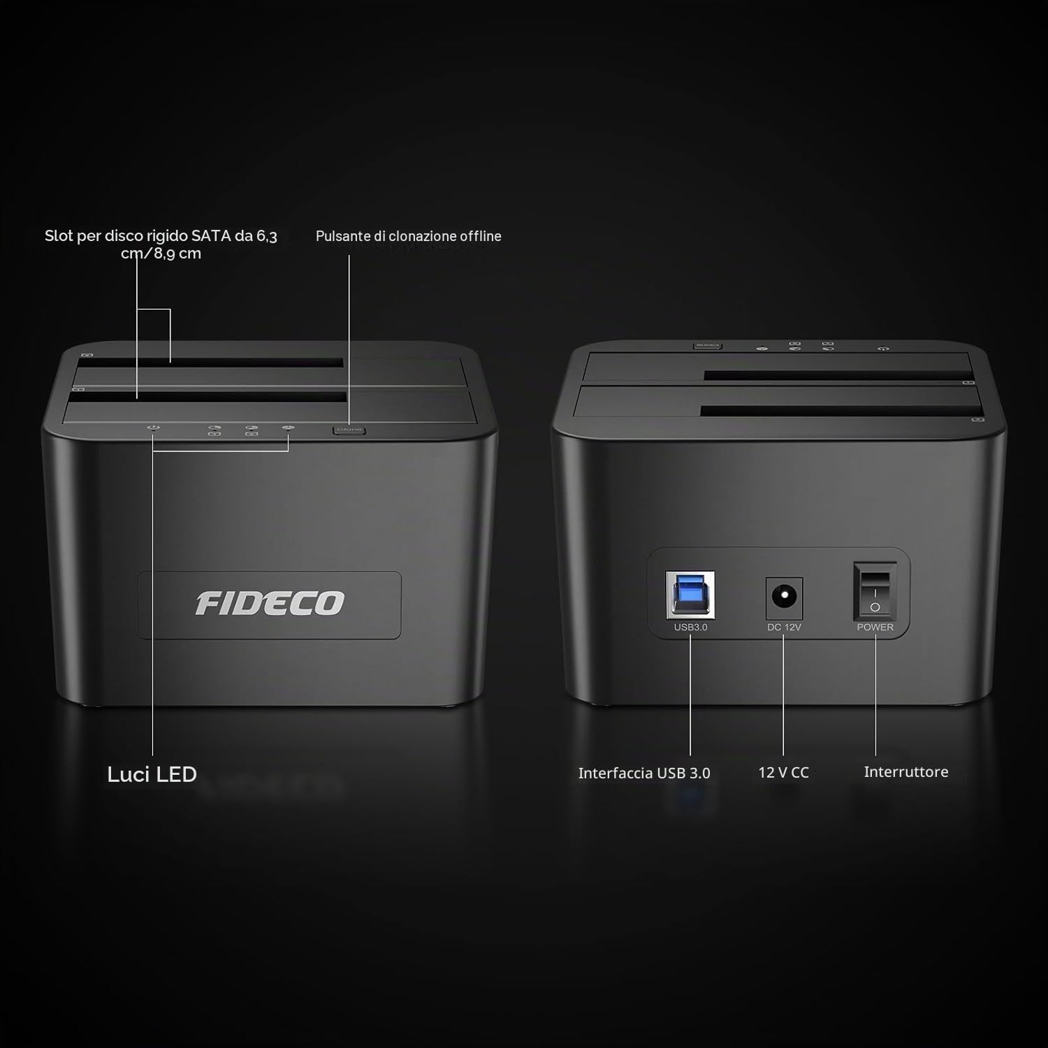 FIDECO HDD Docking Station, USB3.0 - Docking station per disco rigido da 2,5 e 3,5 pollici SATA HDD/SSD, doppio alloggiamento, supporto clone offline