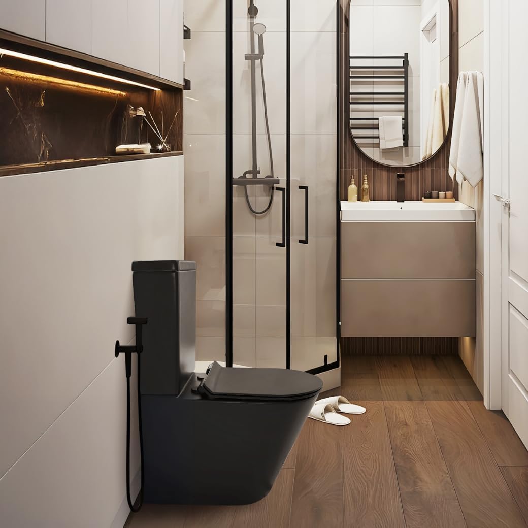 BAÑO MODERNO Inodoro Completo - WC Con Sistema Rimless Antibacterias - Vater Con Tapa Dura Extrafina Amortiguada - Salida Dual - Para Hogar Color Negro - Retrete