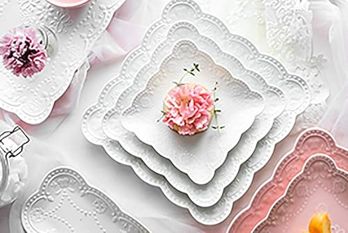 Miniatura 2 de Jusalpha Juego de 4 platos cuadrados de cerámica de encaje en relieve, platos de pastaensaladapostre, lavavajillas, microondas, juego de vajilla