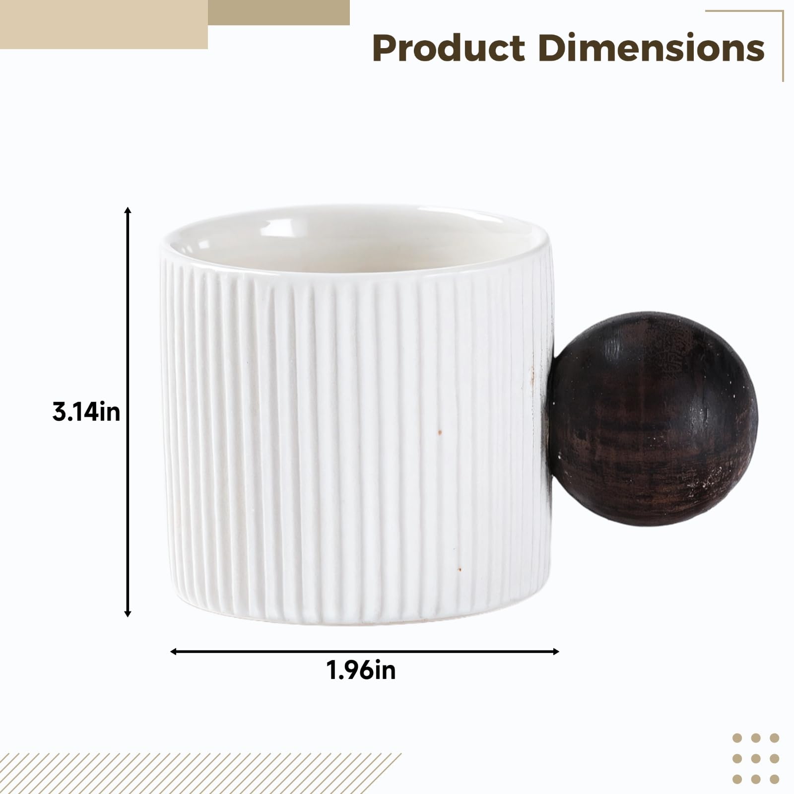 4 mini tazas de café expreso, taza de cerámica demitasse de 2 onzas con mango redondo de madera, taza de café con rayas verticales, agarre de madera antiquemaduras, taza de té de cerámica pequeña de