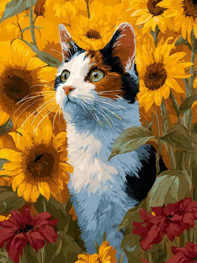 Renqidian Stamped Cross Stitch Kits for Adults Sunflower and Cat 11CT Beginner Embroidery Kit DIY Advanced Handmade Crafts Home Decor (40x50 cm)