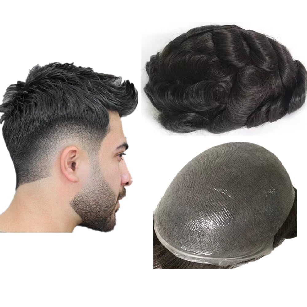 NLW Toupee for Men 0.04 Thin Skin Double Knots 25mm Curl Hairpiece 100% Human Hair System for men wigs Men's Toupee Durable Men's Toupee Real Hair Base Size 8x10 Inch 110% Density #1B Natural Black