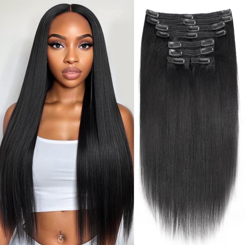 Yaki Straight Clip in Hair Extensions Real Human Hair 8Pcs Remy Human hair Clip ins for Women, Natural Soft Human Hair 120g 20inch #1B Natural Black