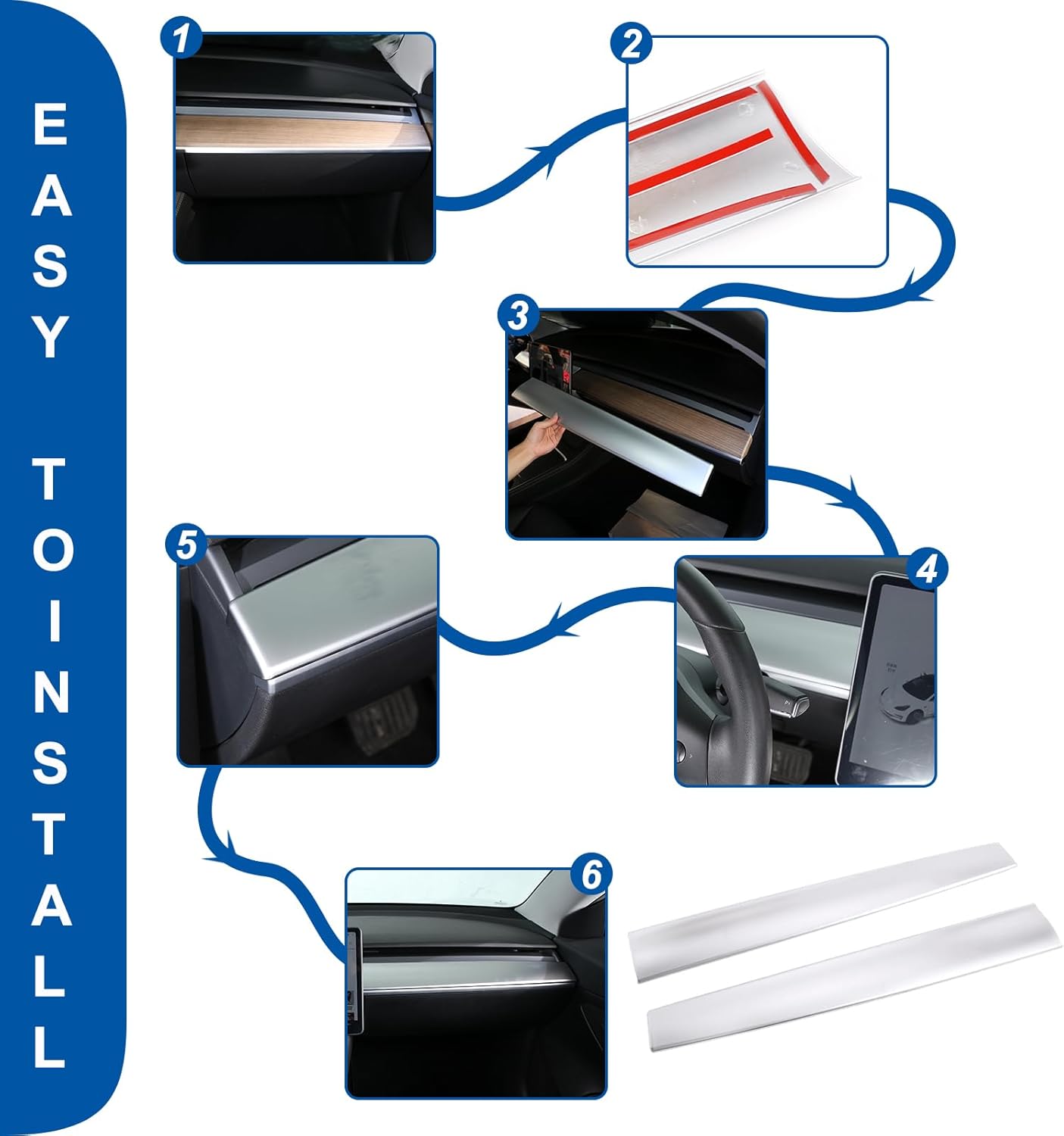 Dashboard Cover Compatible with Tesla Model 3/Y 2017-2021, Center Console Dash Panel Stripe Cover Trim, ABS Car Interior Decoration Protection Accessories (Bright Silver)