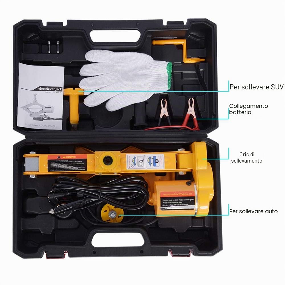 Cric a Forbice Elettrico 3T, 12V Accendisigari & Pinze per Batteria, Portatile Cric Elettrico per Auto SUV, Protezione Antiscivolo, Altezza 12-35cm, Sollevatore Elettrico con Telecomando