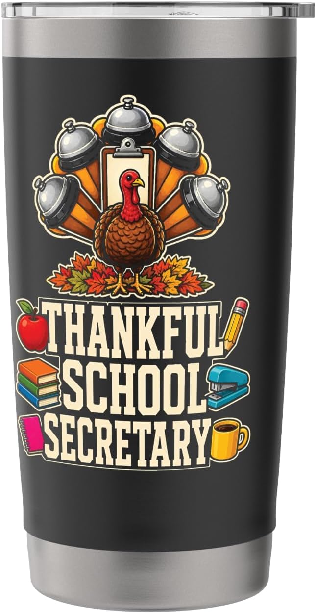 School Secretary Thankful Turkey Fall Front Office Gift Stainless Steel Insulated Tumbler image 3