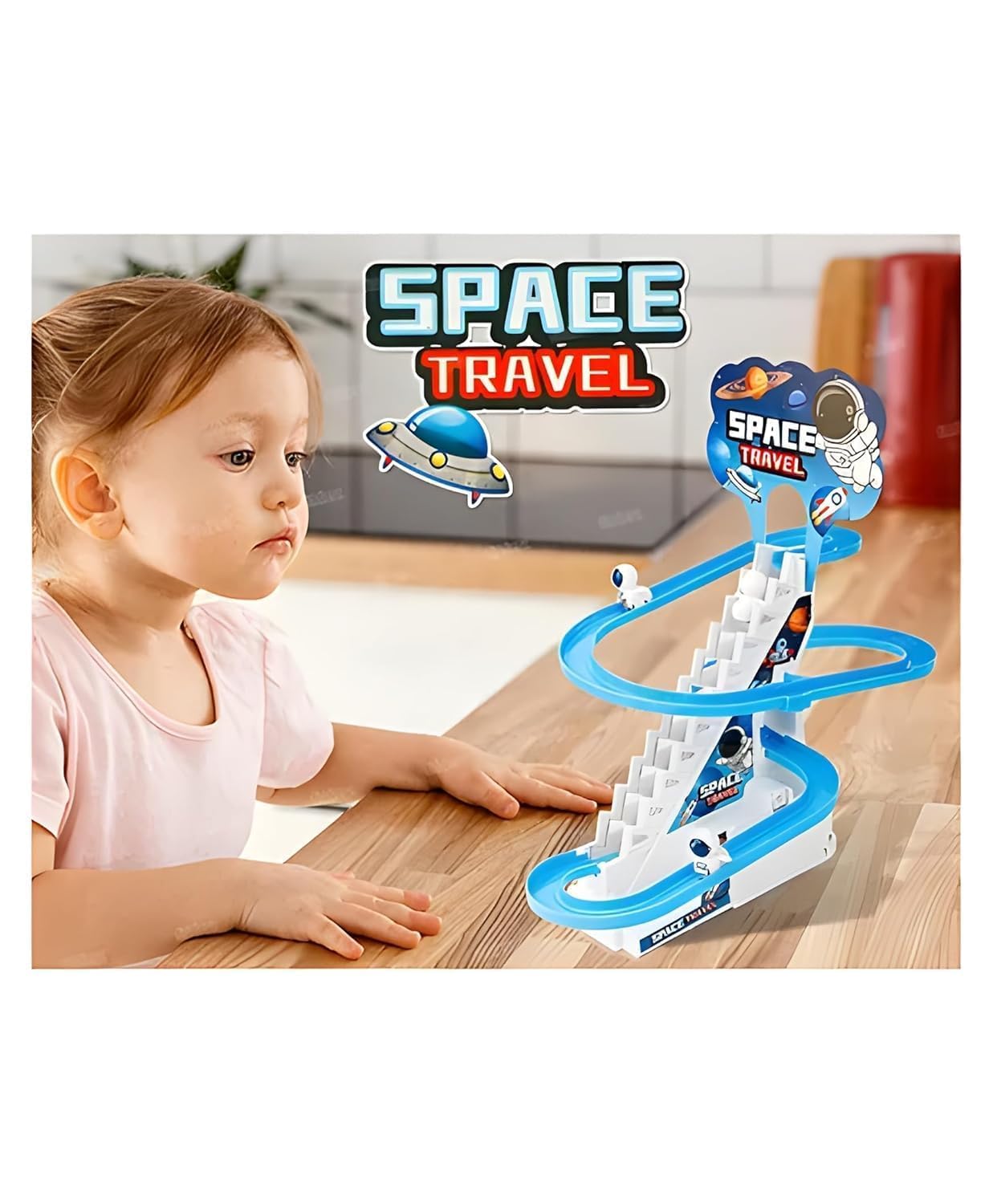 Goyal's Astronaut Space Slide Track Racing Toys for Kids - Small Space Cartoon Stair Climbing Toys for Kids, Escalator Toy with Lights and Music - 3 Space Cartoon Toy Included - Image 2 thumbnail
