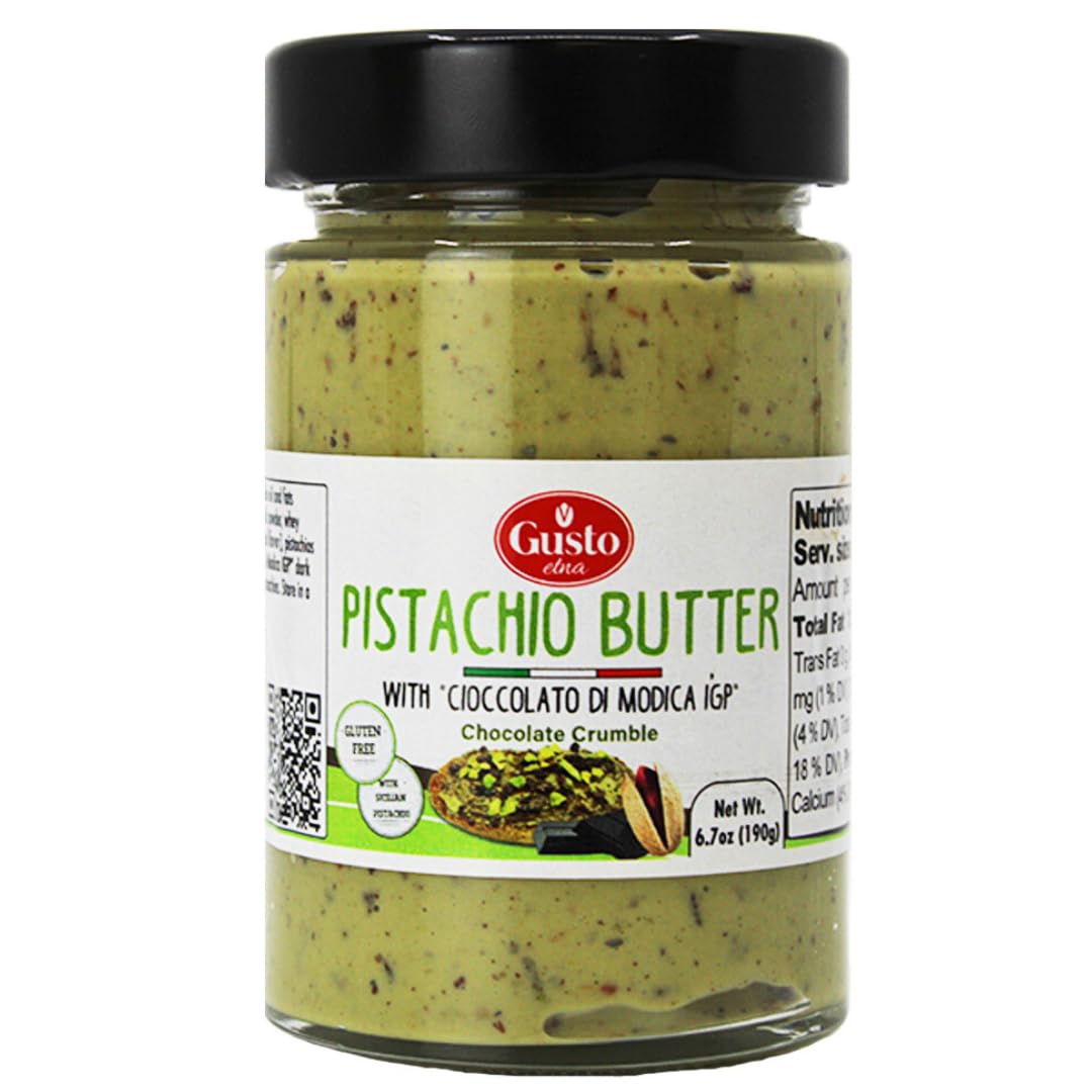 GUSTO ETNA Pistachio Butter/Spreadable Cream with Chocolate Chips, 6.7 oz (190g), Rich & Nutty Spread for Knafeh Pistachio Chocolate Bars, Sweet Pistachio, Pistachio Paste, From Italy, Non GMO