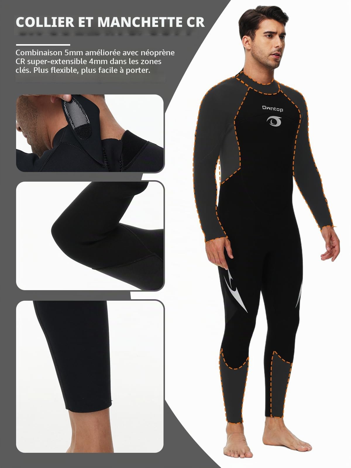 Owntop Combinaison de Plongée en Néoprène 5 mm pour Homme et Femme - Combinaison Pleine Longueur avec Fermeture Éclair dans le Dos, Peau Thermique Flexible