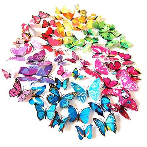 72PCS 3D Butterfly Wall Decor, Stickers for Home, Kitchen, Nursery and Room Decorations, 6 Colors and 4 Sizes, Removable and Reusable (Single Wing)