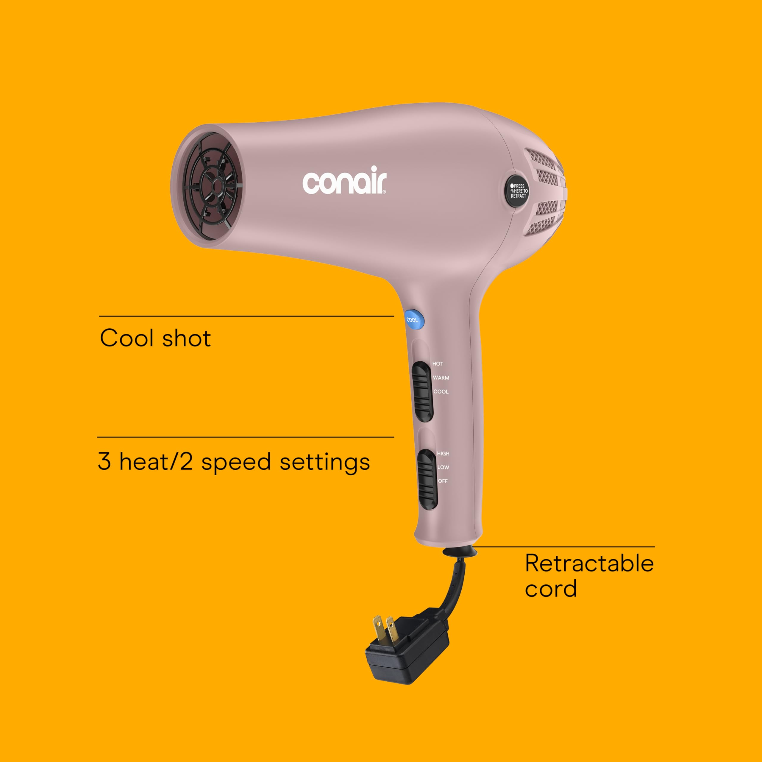 Conair Hair Dryer with Diffuser & Concentrator, 1875W, Matte Light Pink view 2