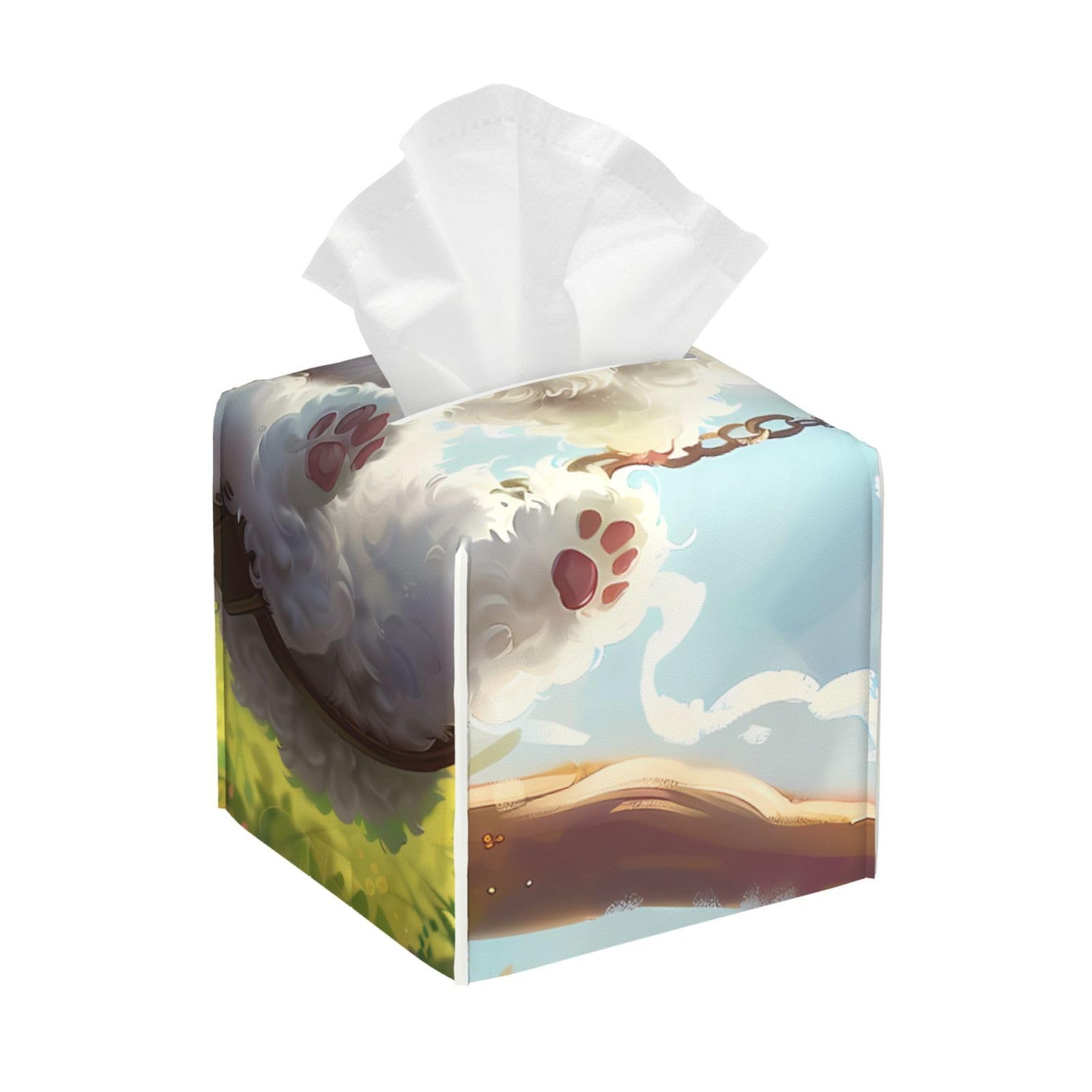 Bichon Frise On Swing Square Tissue Box Cover with Modern and Stylish Bottom Tissue Box Storage Space